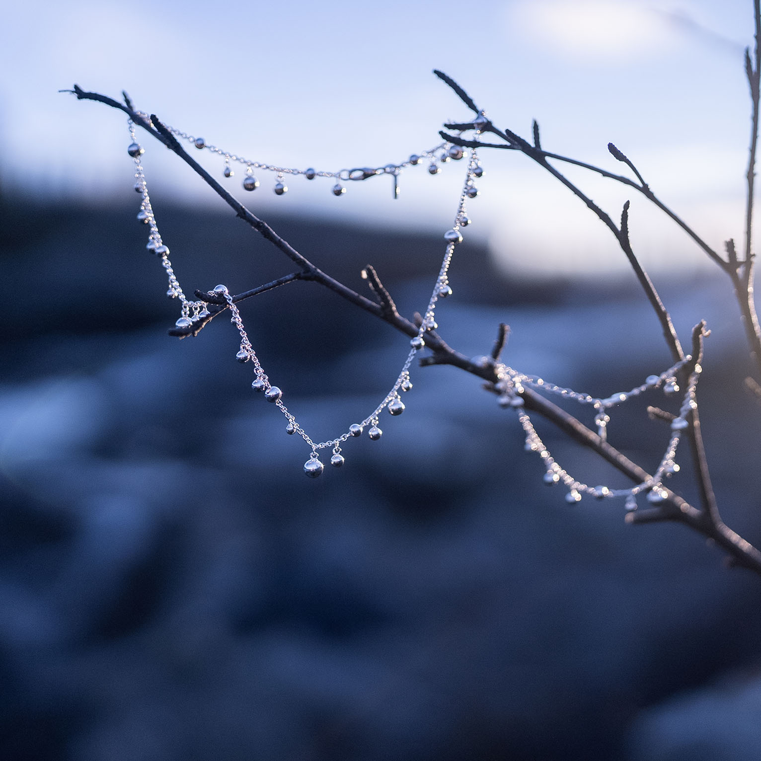 A sterling silver bead necklace with polished silver beads on a delicate 925 sterling silver chain is hanging in a tree